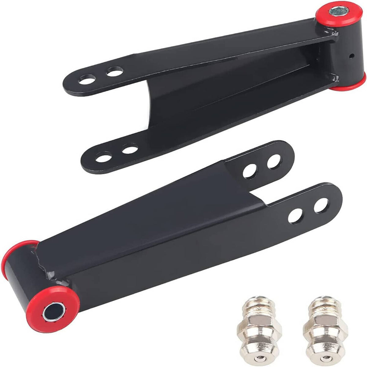 Two black rear drop shackles with red bushing ends and silver mounting bolts