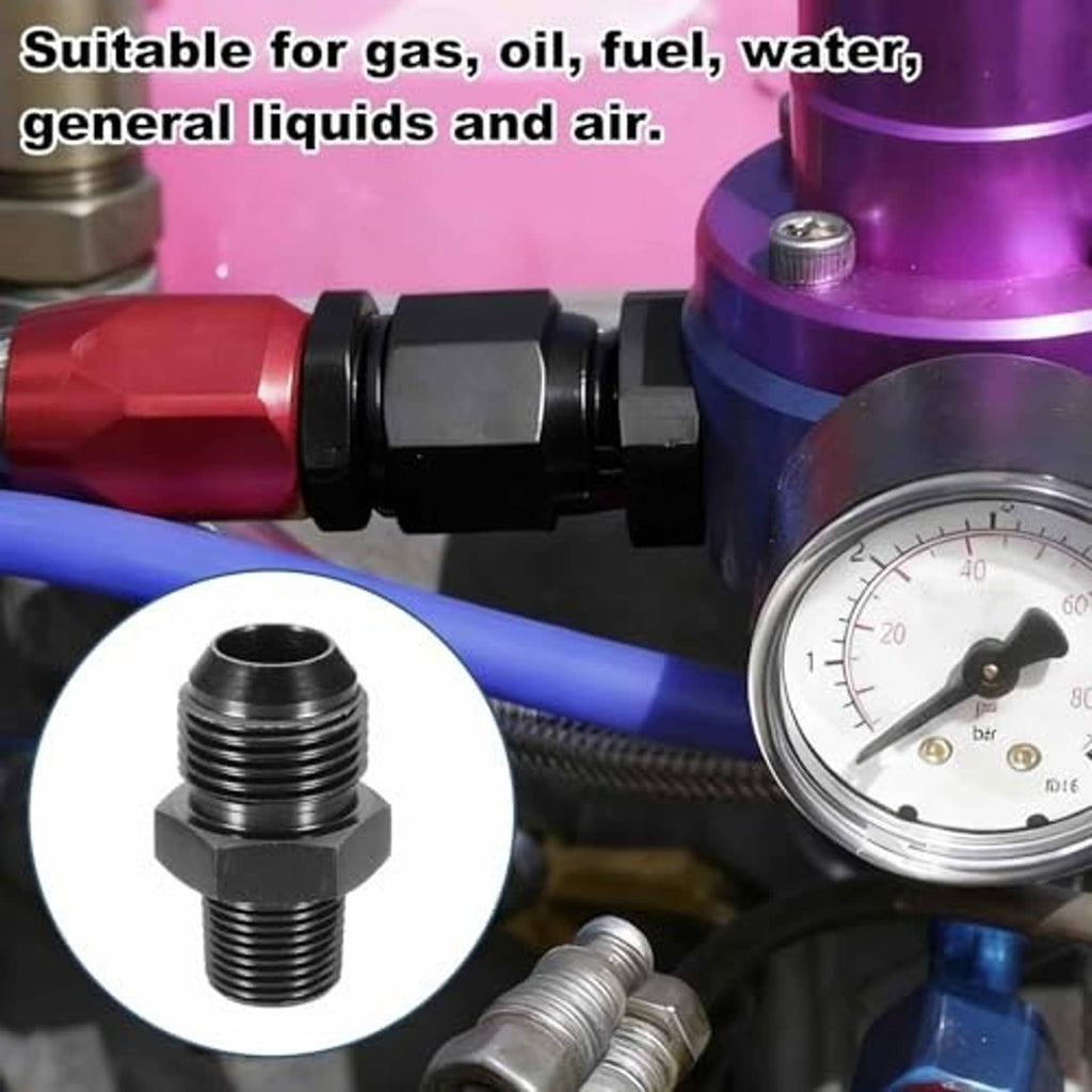 Black straight flare adapter fitting, male threads with flared opening and hex end