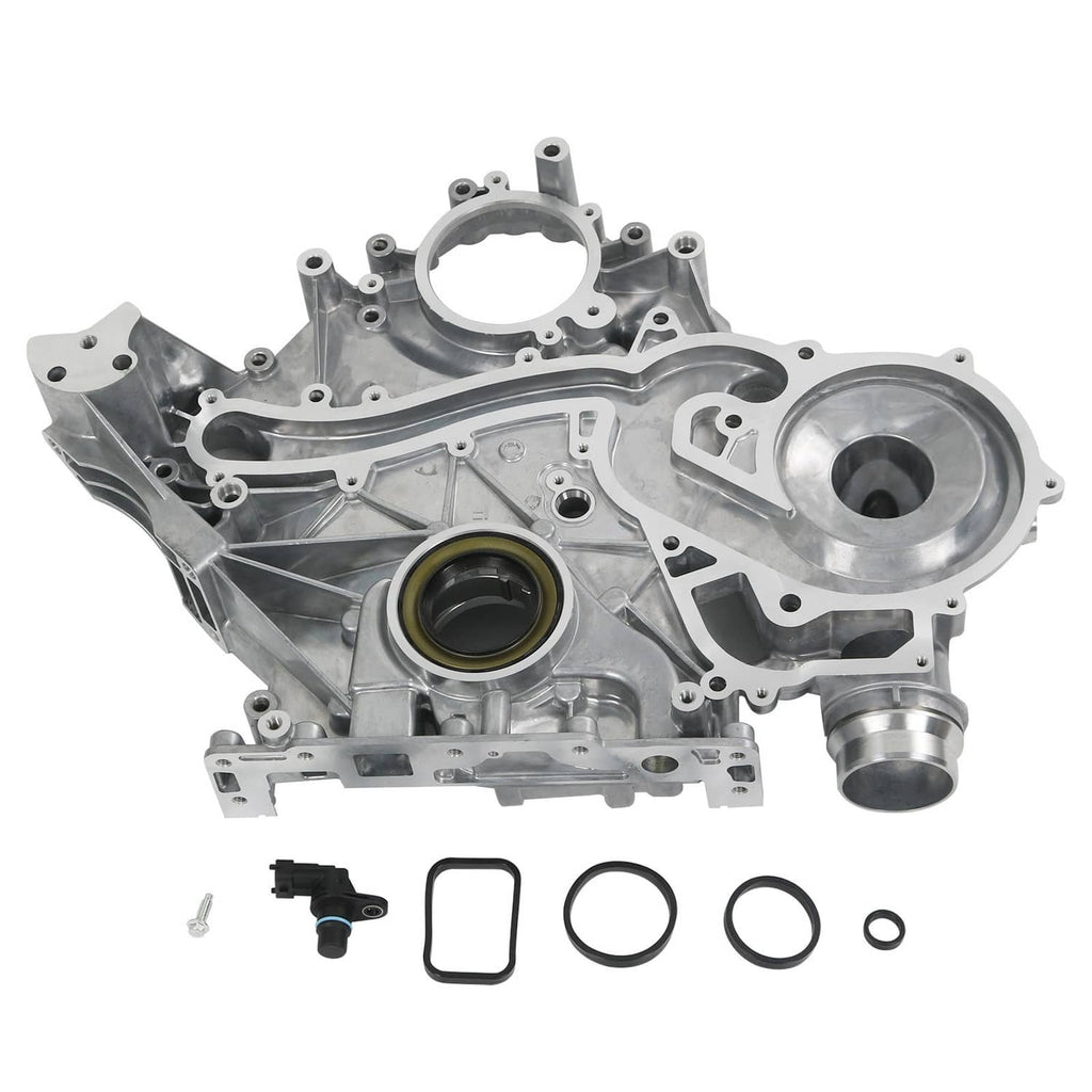 Metal timing cover with circular openings, silver-gray engine part