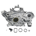 Metal timing cover with circular openings, silver-gray engine part