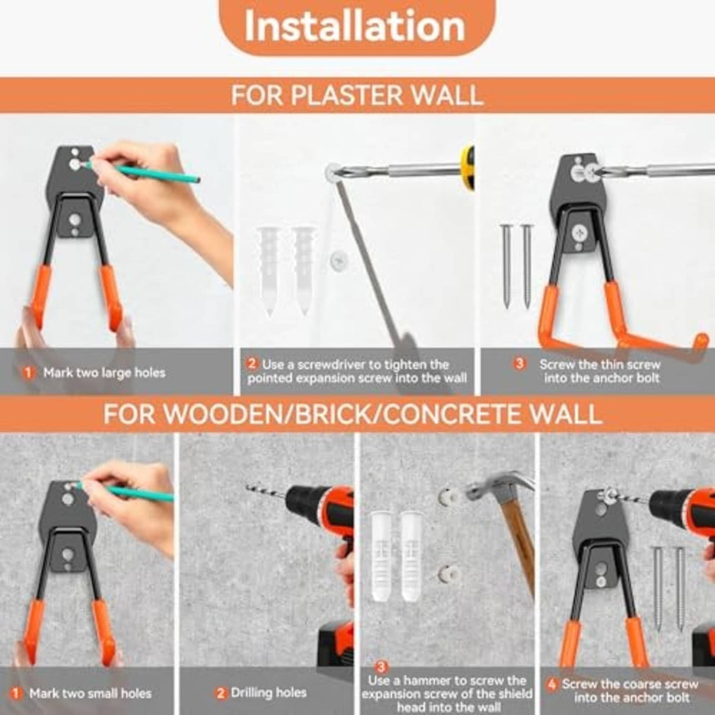 Installation steps for plaster, wood, brick, and concrete walls using black-and-orange hooks