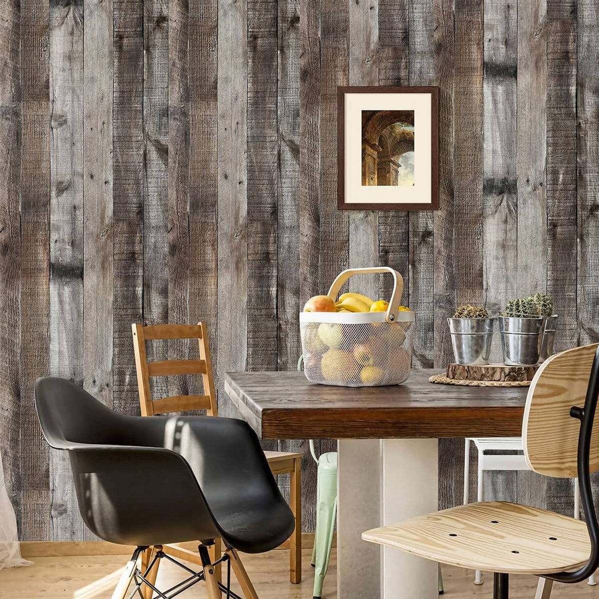 Gray shiplap wood-plank peel-and-stick wallpaper wall with small framed art