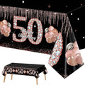 Black birthday tablecloth with “Happy Birthday 50” rhinestone design and rose-gold balloons
