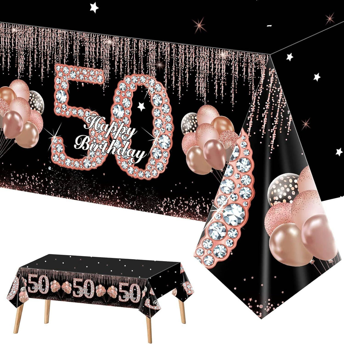 Black birthday tablecloth with “Happy Birthday 50” rhinestone design and rose-gold balloons