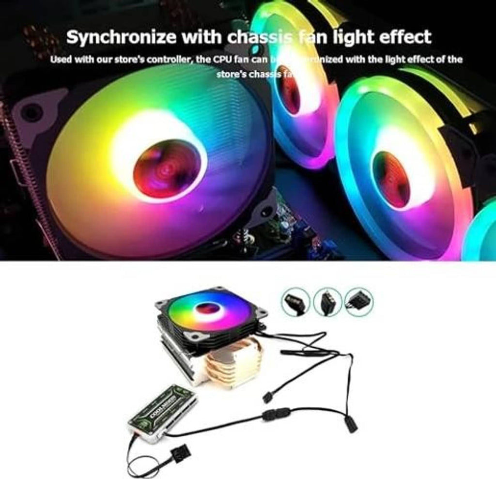 Fan controller setup with multiple rainbow LED fans and connecting adapter wires