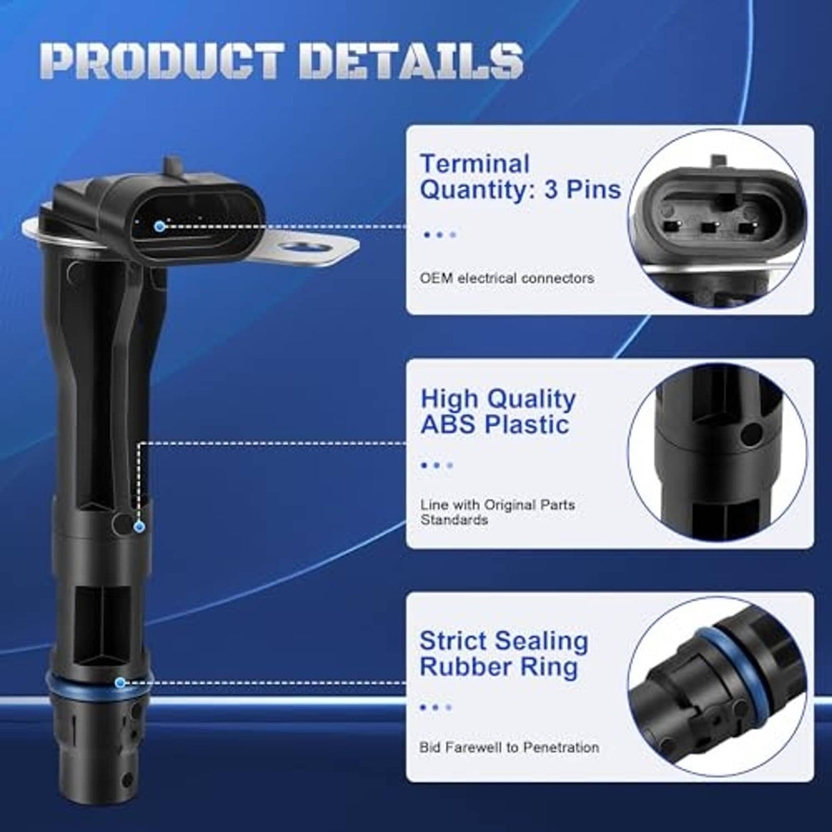 Camshaft position sensor with 3-pin connector, sealing ring, ABS plastic body