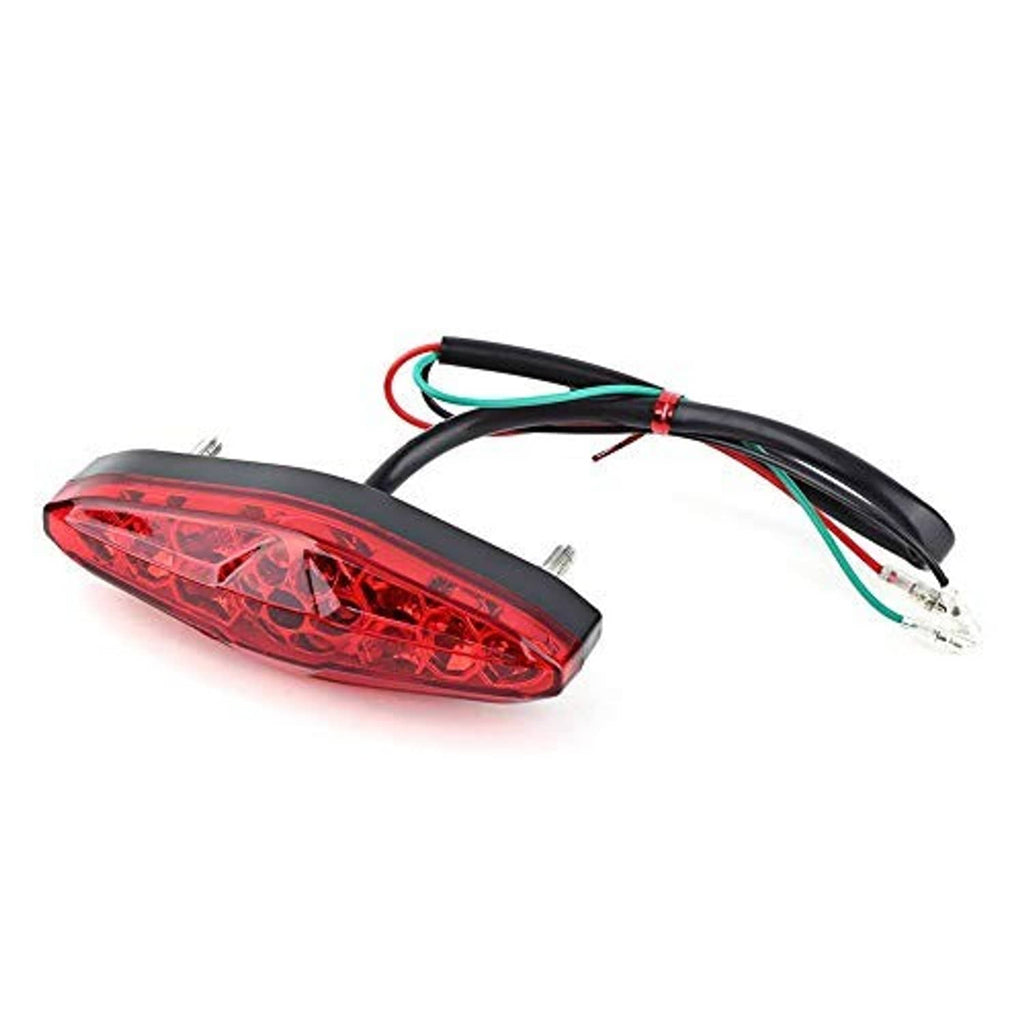 Red LED motorcycle tail light angled view with black mount and wire leads