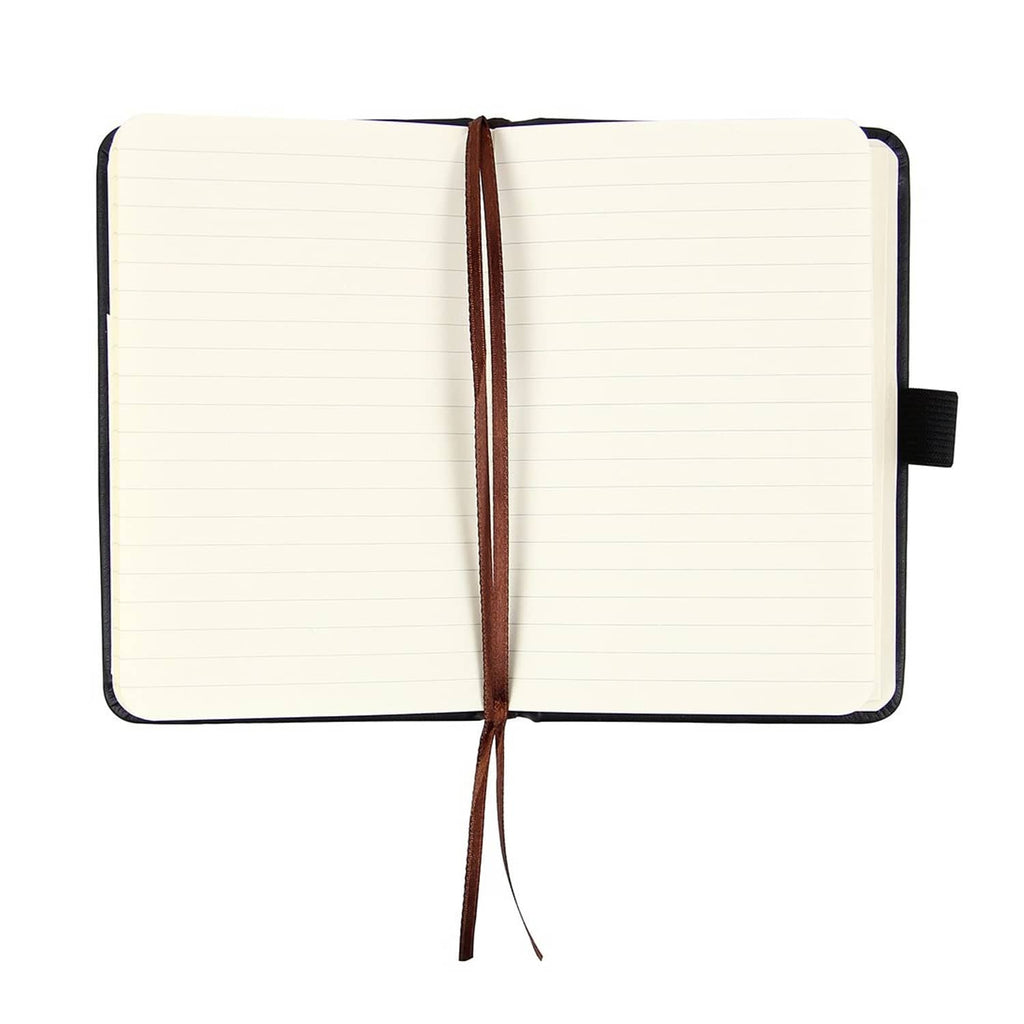 Newestor pocket notebook open view with dark cover, white ruled pages, and brown tie closure