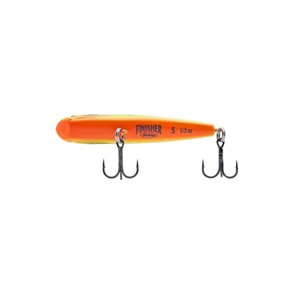 Berkley Finisher orange fishing lure with two treble hooks and printed size text