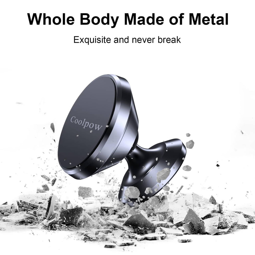 Metal magnetic phone holder with black top disc surrounded by crushed rock pieces
