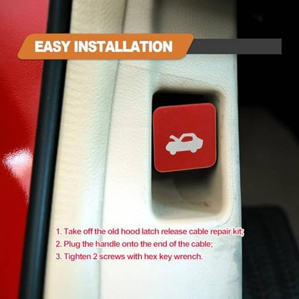 Red square hood latch release button with wrench icon on gray car console