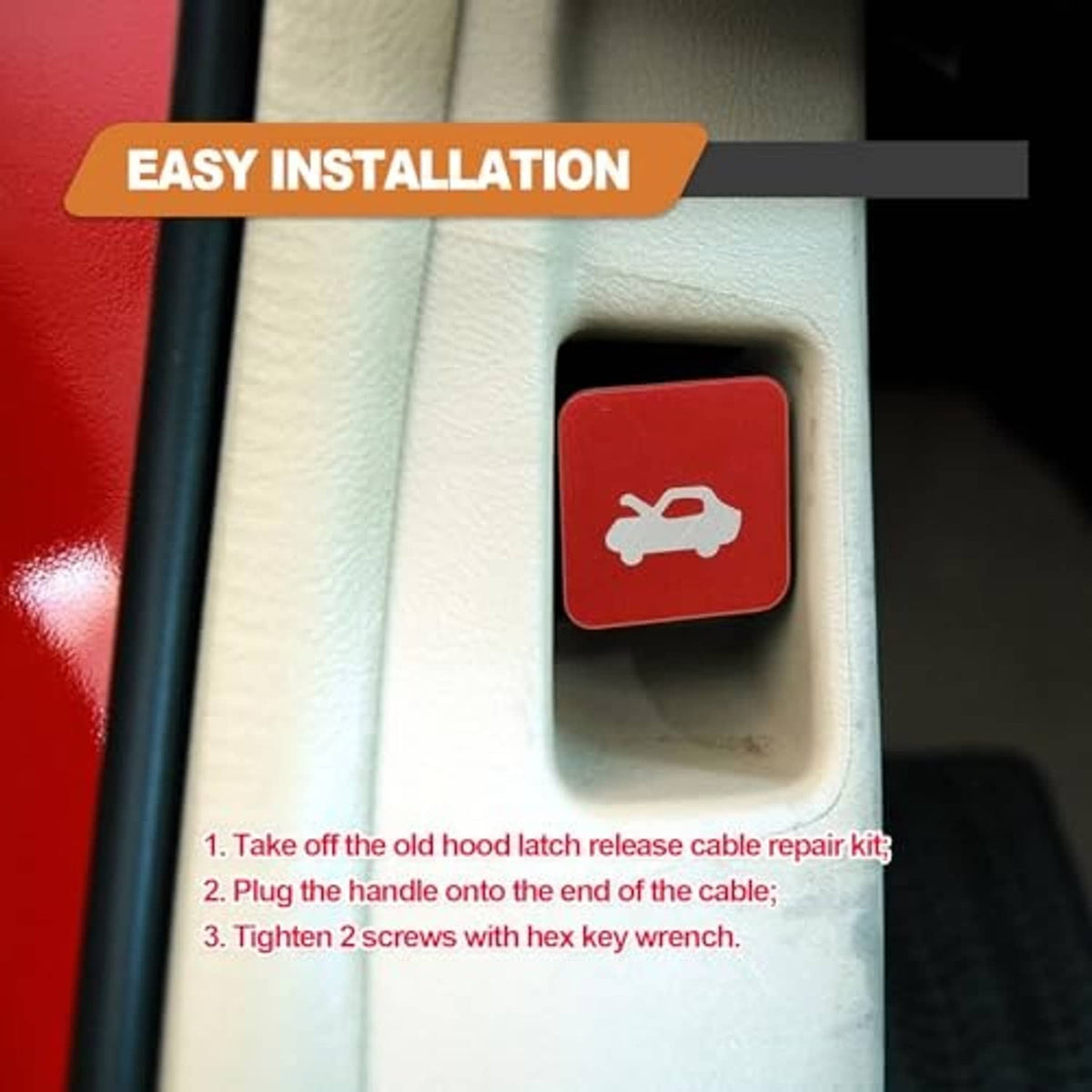 Red square hood latch release button with wrench icon on gray car console