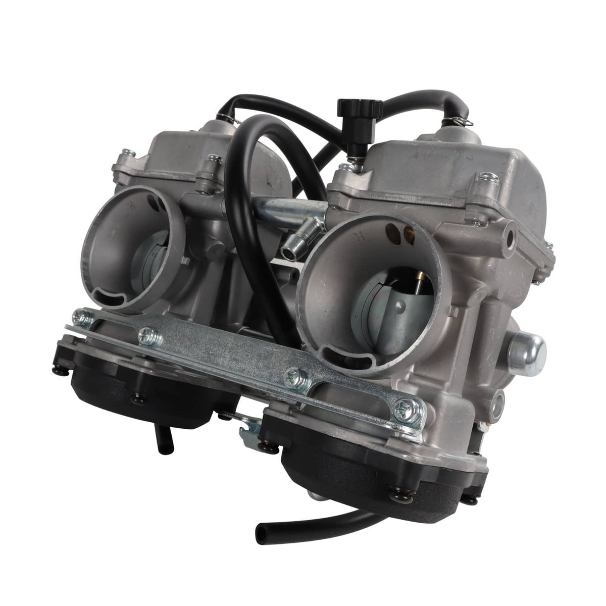 Carburetor with two round intake ports, metal base plate, and black hose loops