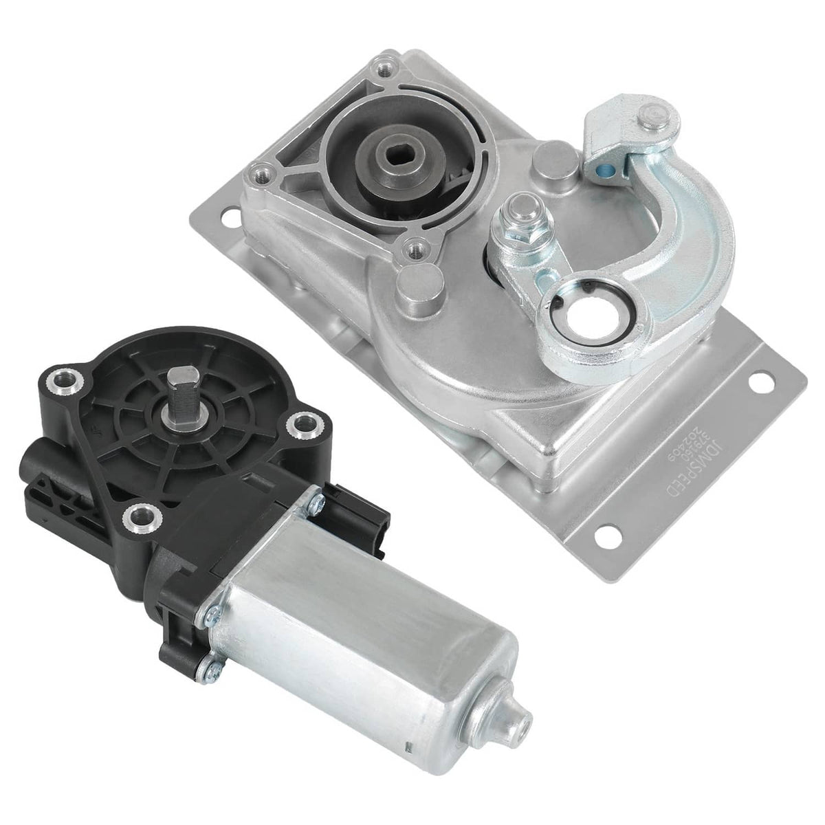 RV step gear box linkage motor assembly with silver housing and black gear cover