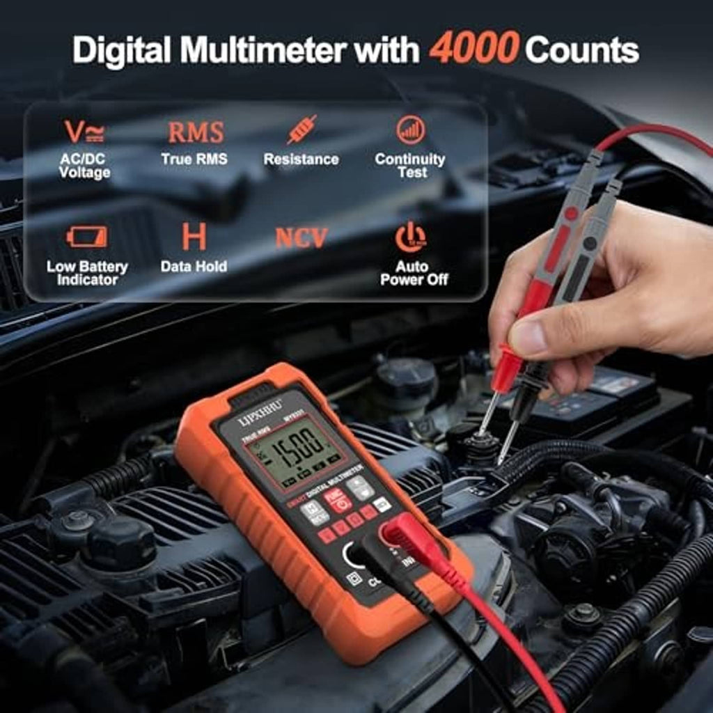 Orange digital multimeter with red and black test probes held near an engine
