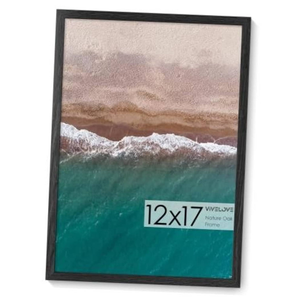 12x17 black oak wood picture frame holding an ocean landscape photo