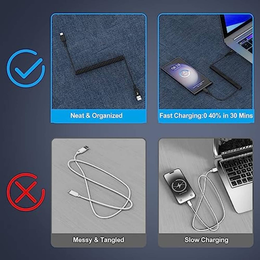Black coiled USB-C charging cable, neatly organized coil shown next to devices.