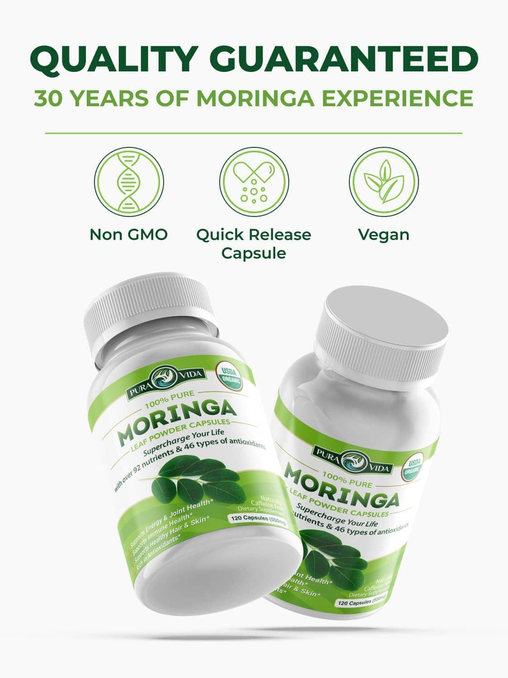 Two organic moringa capsules bottles with green moringa leaves and capsule icon