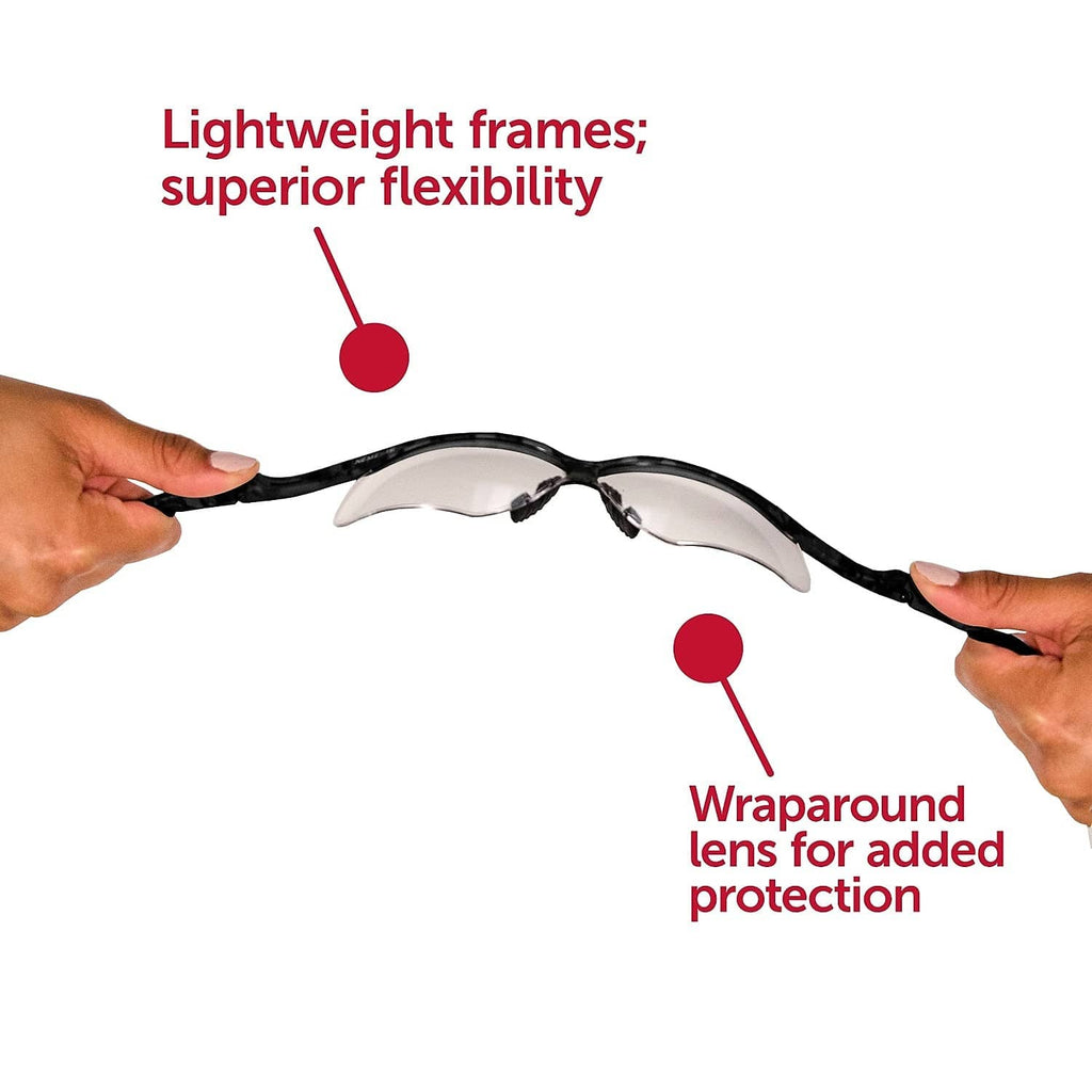 Black lightweight safety eyewear with wraparound gray-tinted lenses, flexible frame