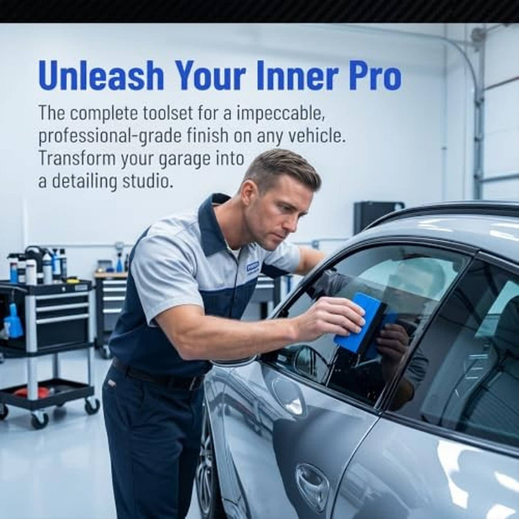Window tinting kit tool in use: hands holding blue felt squeegee for applying film