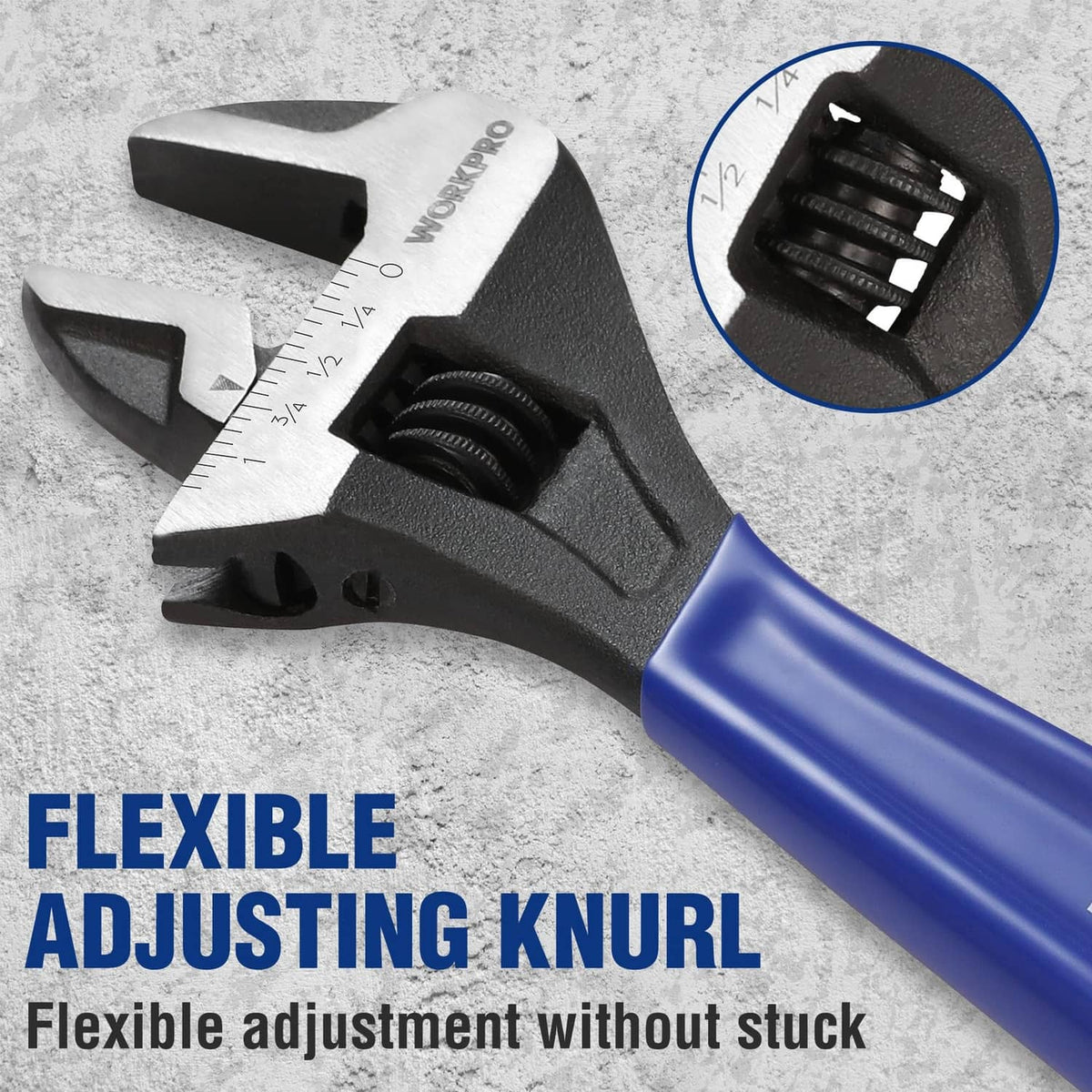 Close-up of WORKPRO adjustable wrench head and flexible knurled adjustment wheel