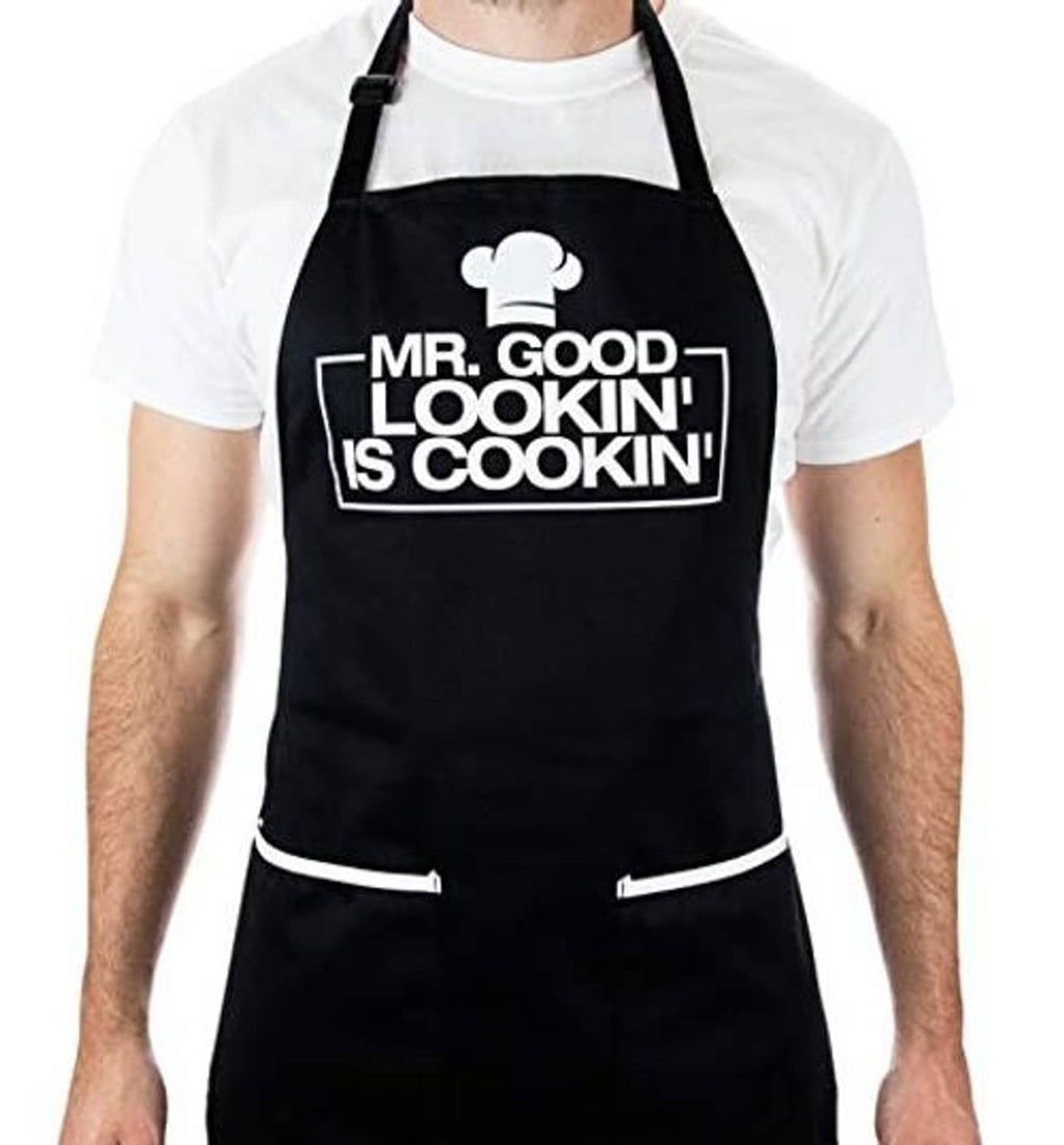 Black apron with chef hat chest graphic, adjustable neck strap, and two front pockets