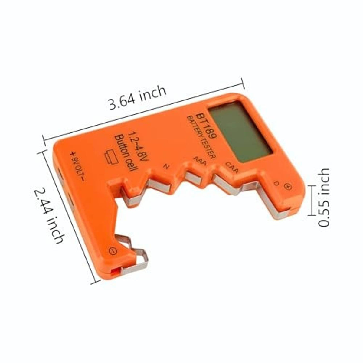 Orange battery tester with labeled dimensions and multi-cell contact slots