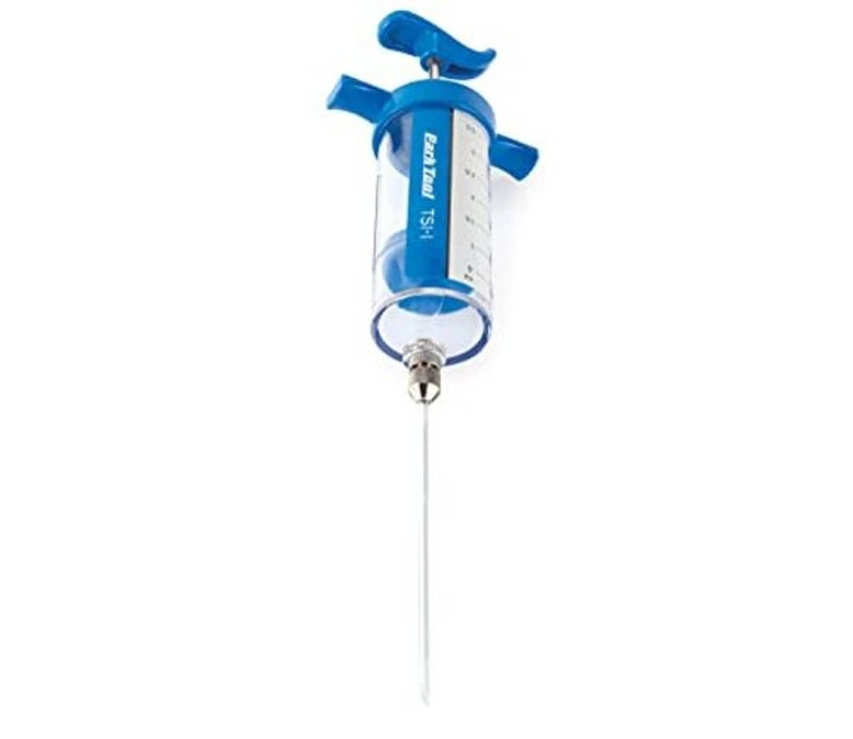 Blue tubeless sealant injector with handle clamps and downward dispensing rod