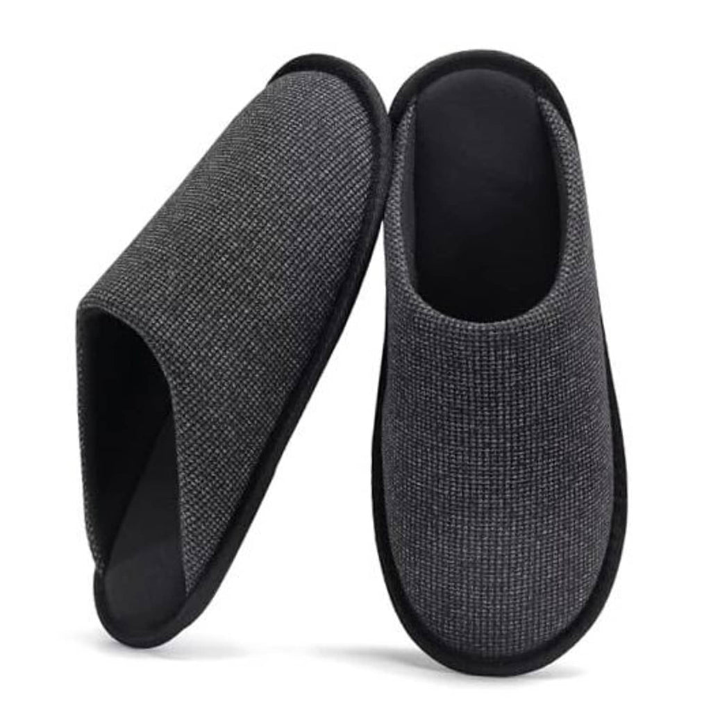 Men's black waffle-knit slip-on scuff slippers with padded interior lining