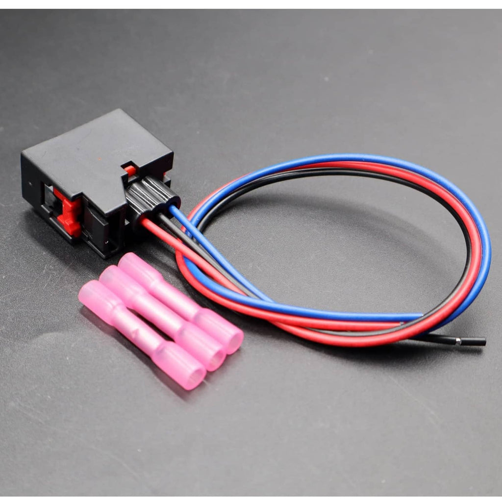 3-pin tail lamp connector pigtail set with black plug and blue/red wiring, pink insulation sleeves