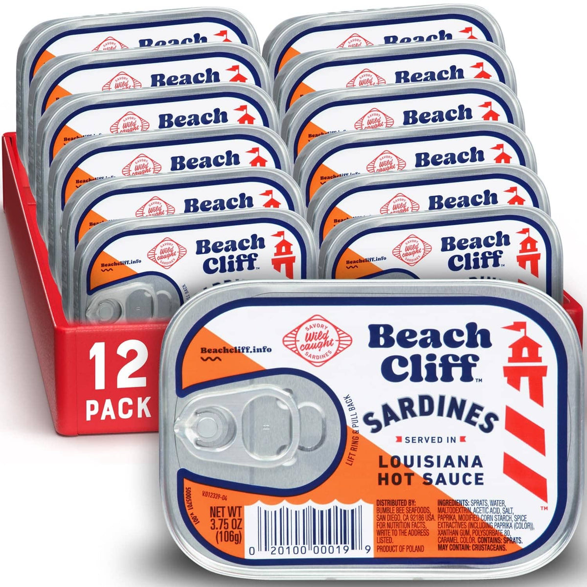 12-pack Beach Cliff sardines in Louisiana hot sauce, canned tins with lids