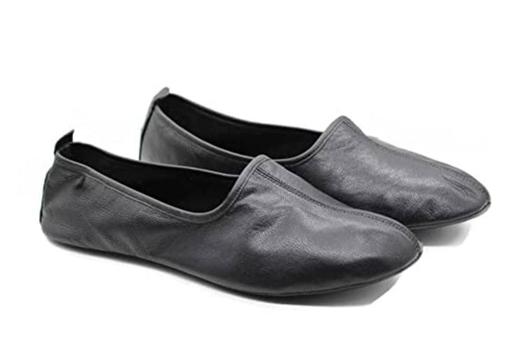 Pair of leather babouche-style house slippers, slip-on, dark gray/black