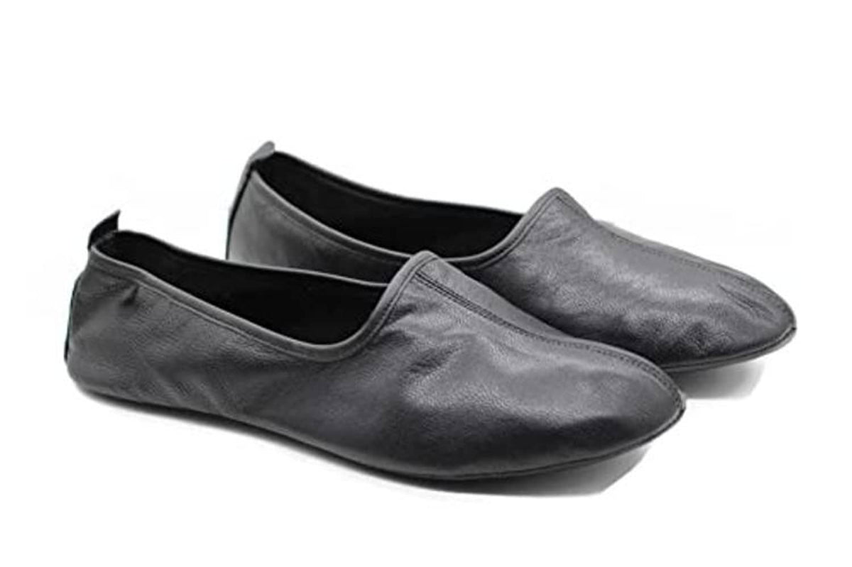 Pair of leather babouche-style house slippers, slip-on, dark gray/black