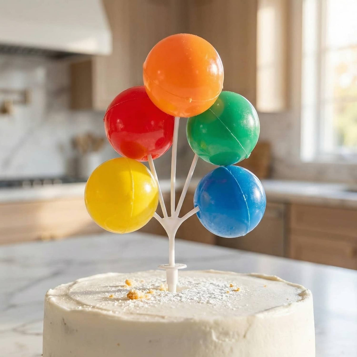 Balloon cake topper close-up with orange, red, green, yellow, and blue round balloons