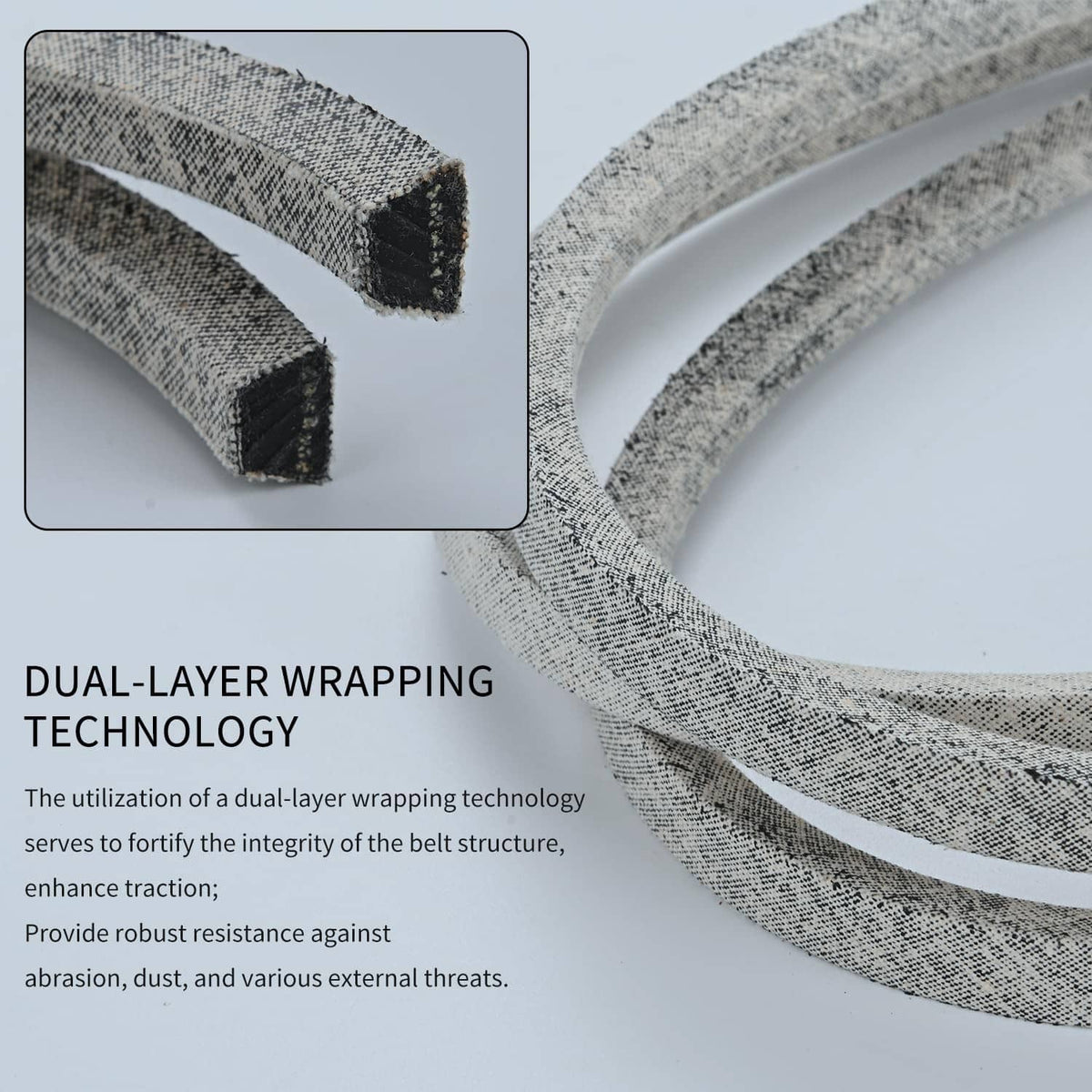Close-up of gray mower deck belt showing dual-layer wrapped edge