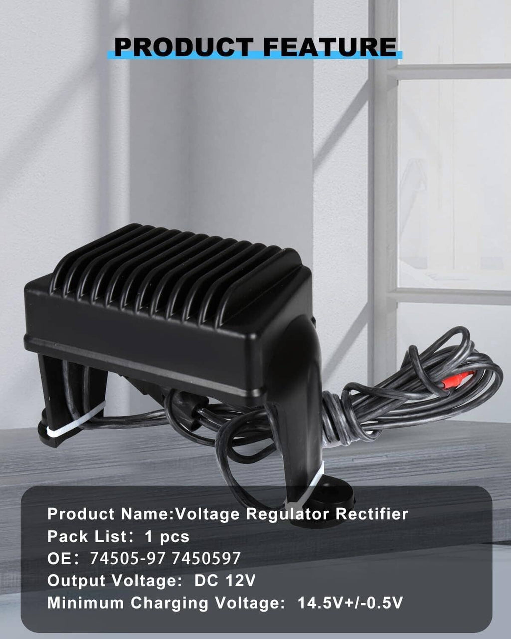 Black voltage rectifier regulator on work surface with attached cable harness