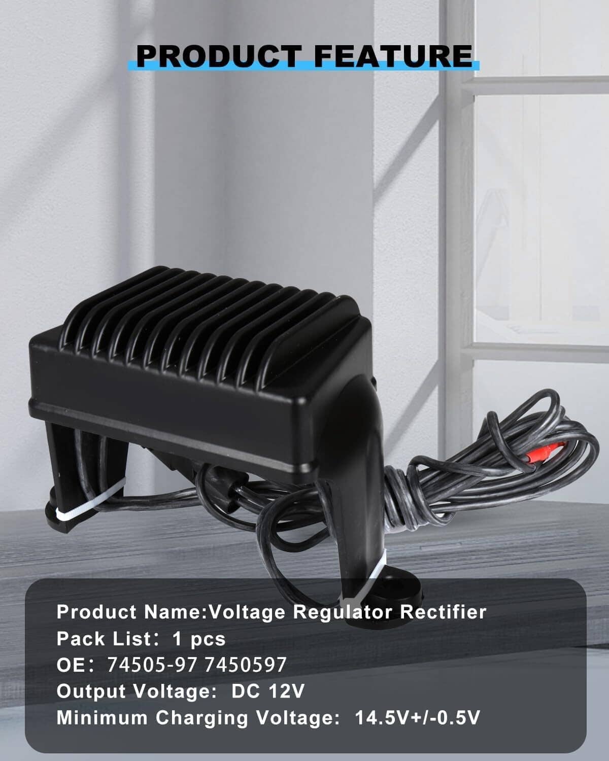 Black voltage rectifier regulator on work surface with attached cable harness
