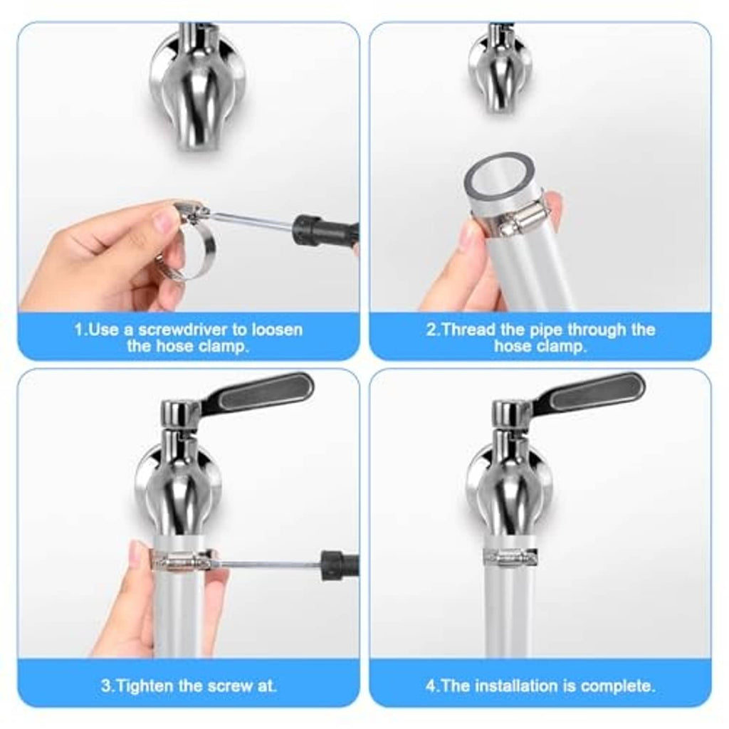 Stainless steel hose clamp with adjustable screw and perforated band, held in hand.