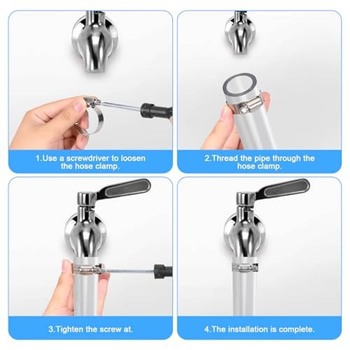 Stainless steel hose clamp with adjustable screw and perforated band, held in hand.