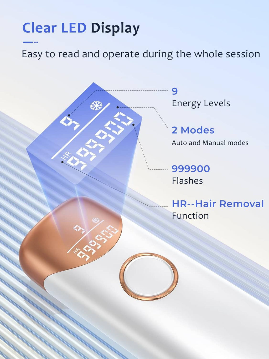 Handheld IPL hair removal device with clear LED display, white body with rose-gold accents