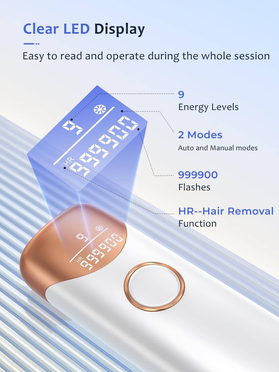 Handheld IPL hair removal device with clear LED display, white body with rose-gold accents