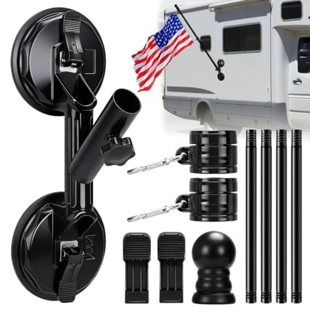 Angled suction cup flagpole holder kit with rings, clips, and pole extension tubes