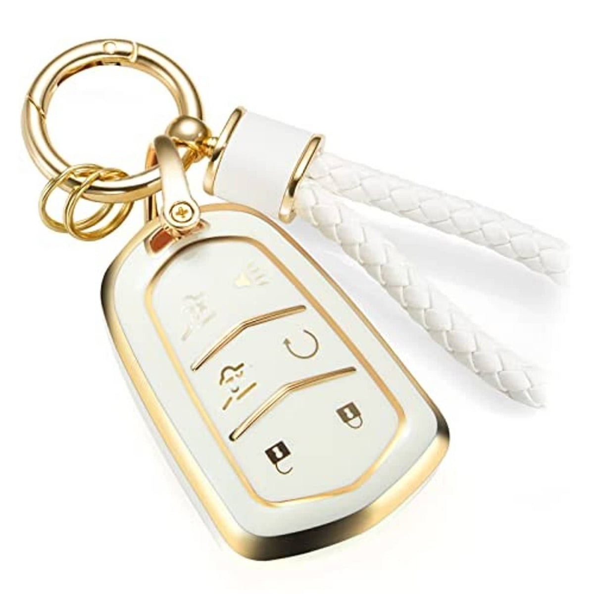 White and gold key fob cover with braided strap and gold key ring