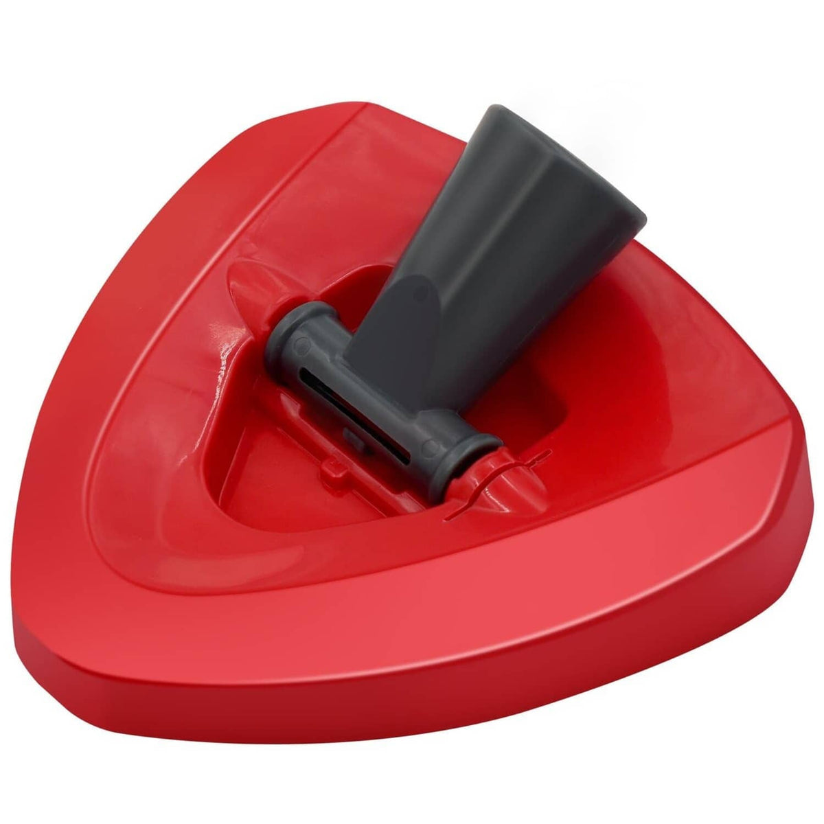 Red triangular mop base with black threaded connector for replacement spin mop
