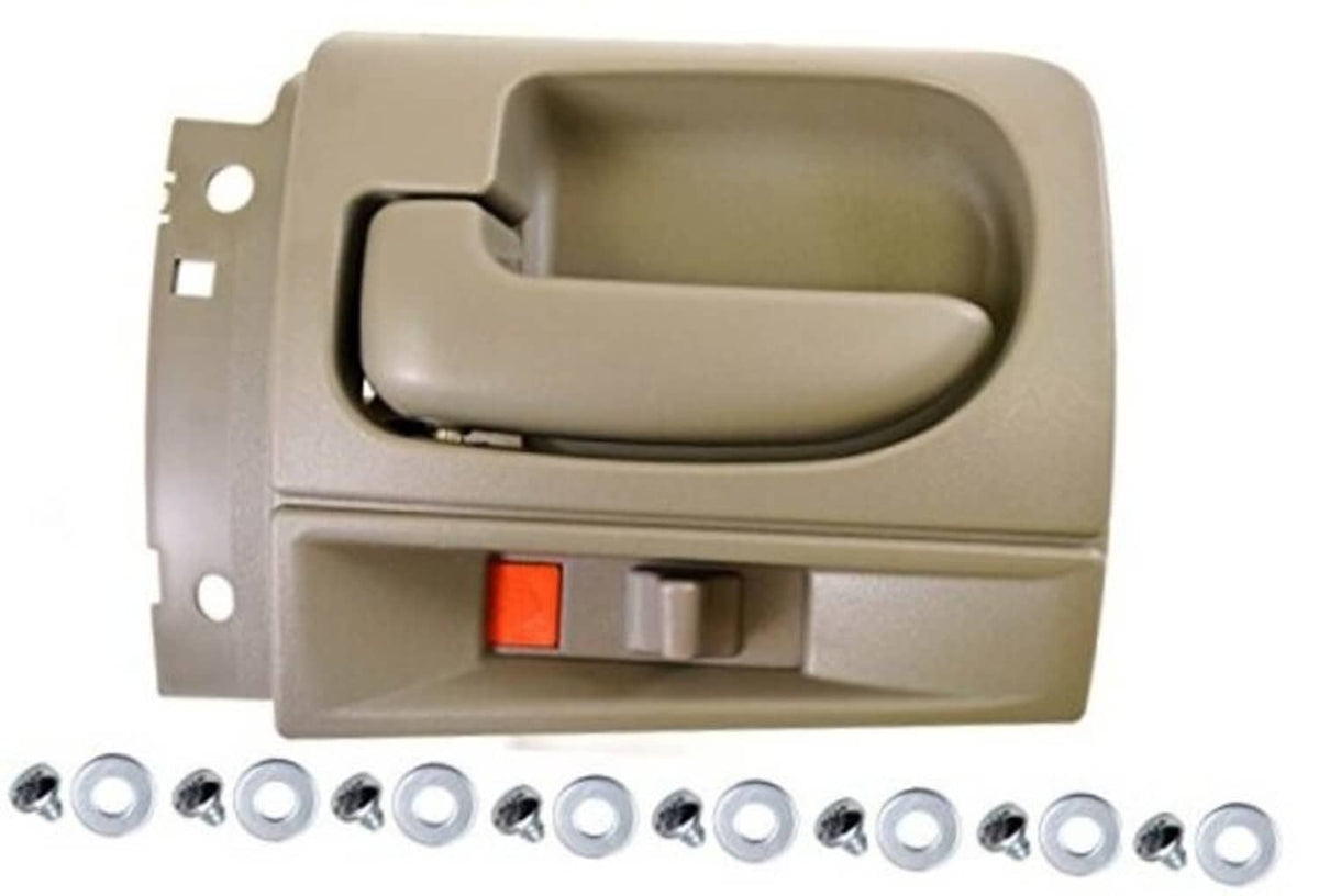 Gray interior door handle with latch button and mounting bracket, left driver side