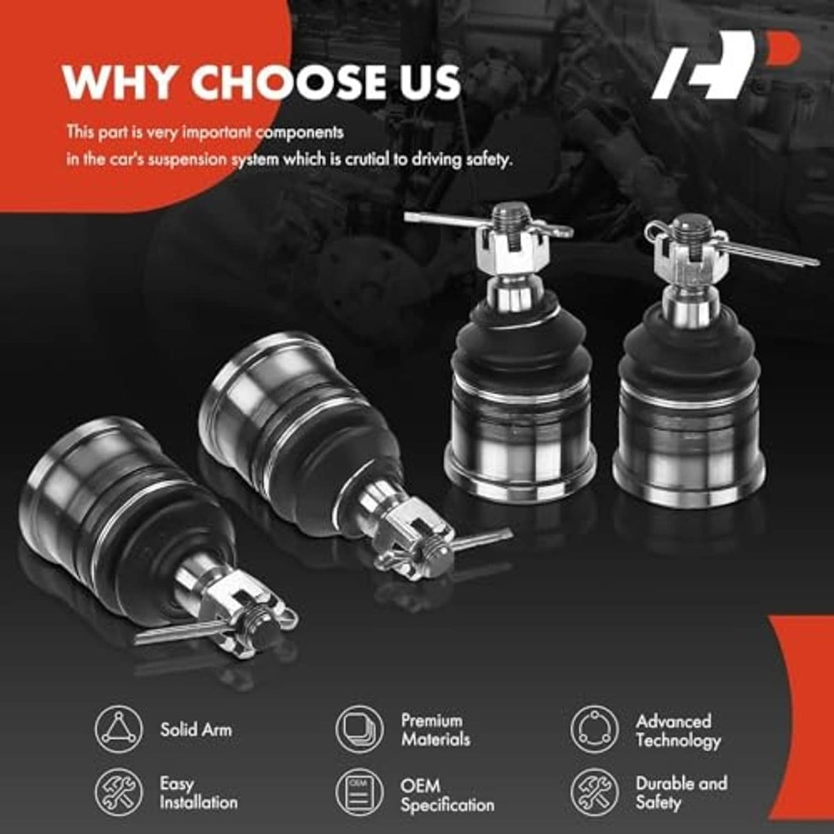 Ball joint set with metal arms and rubber boots, arranged in a promotional layout
