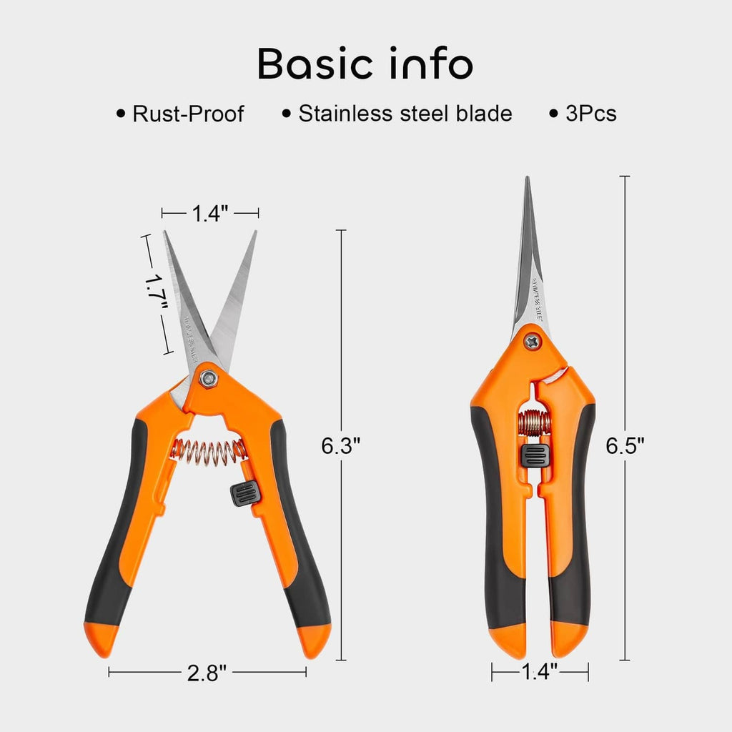 Orange and black pruning shears shown with size measurements for hand snips