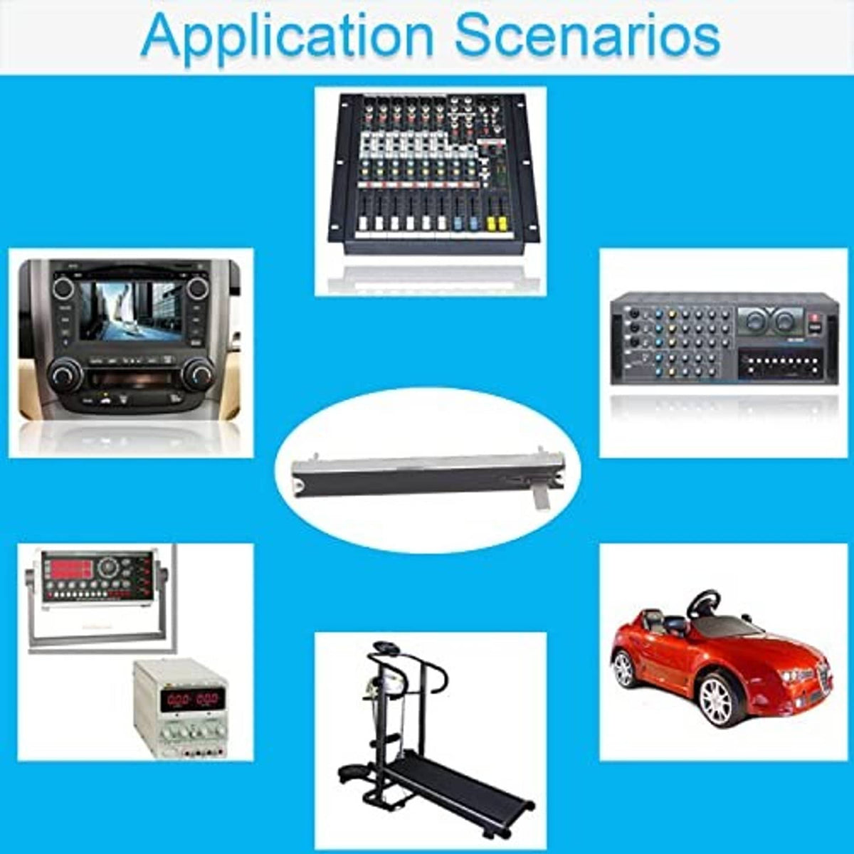 Slide potentiometer fader shown with electronic application illustrations
