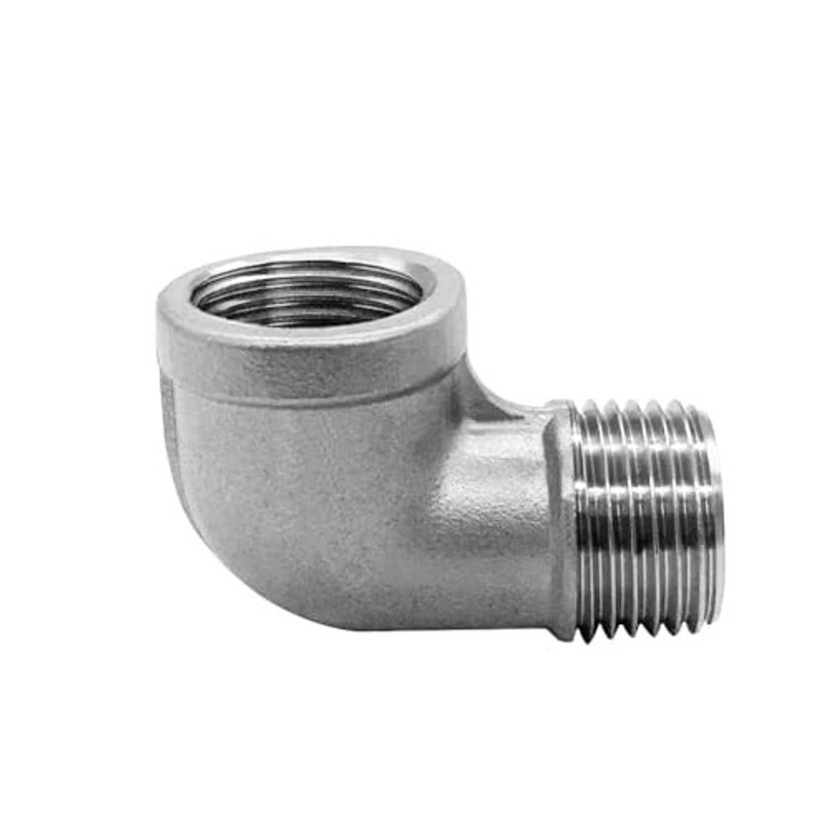 90-degree stainless steel elbow fitting with external NPT threads and smooth bend