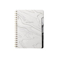 Large tab notebook with gray marble cover and gold spiral, front title panel